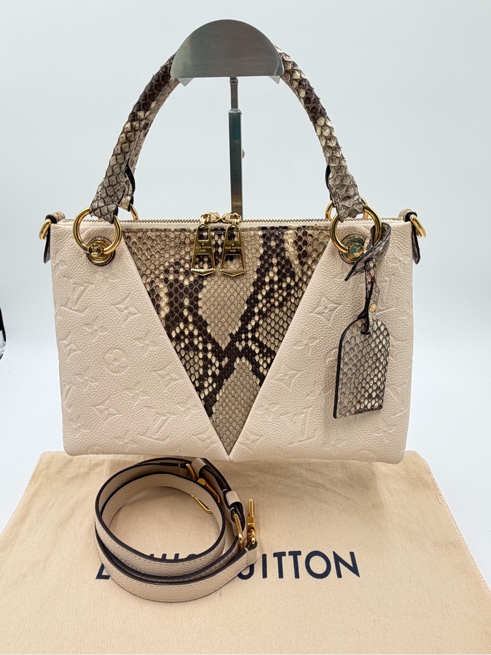 😍Louis Vuitton Exotics V Tote BB Cream Empriente Leather Two Way Bag with Python